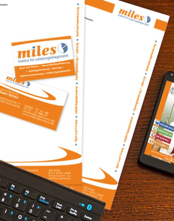 Das von uns erstellte Design für Visitenkarten, Briefköpfe und der Webseite von der Firma Miles Leistungsdiagnostik aus Schwerte